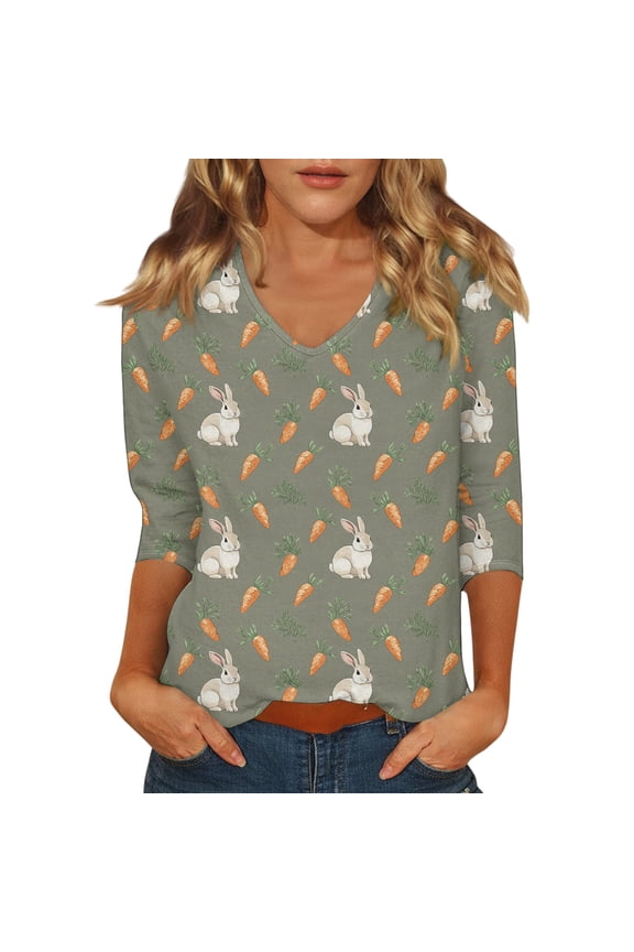 Easter T Shirt for Ladies Eggs 3/4 Sleeve Plus Size Tshirt Bunny Floral Funny Tee Spring Cute V Neck Blouses Saffron L