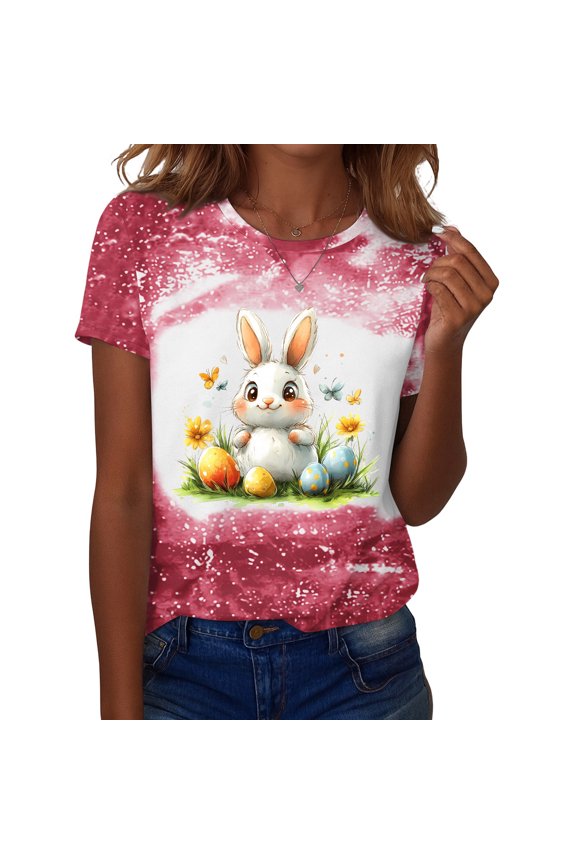 Easter T Shirt for Ladies Plus Size Crew Neck Spring Tshirt Funny Floral Eggs Top Bunny Trendy Short Sleeve Clothing Red S