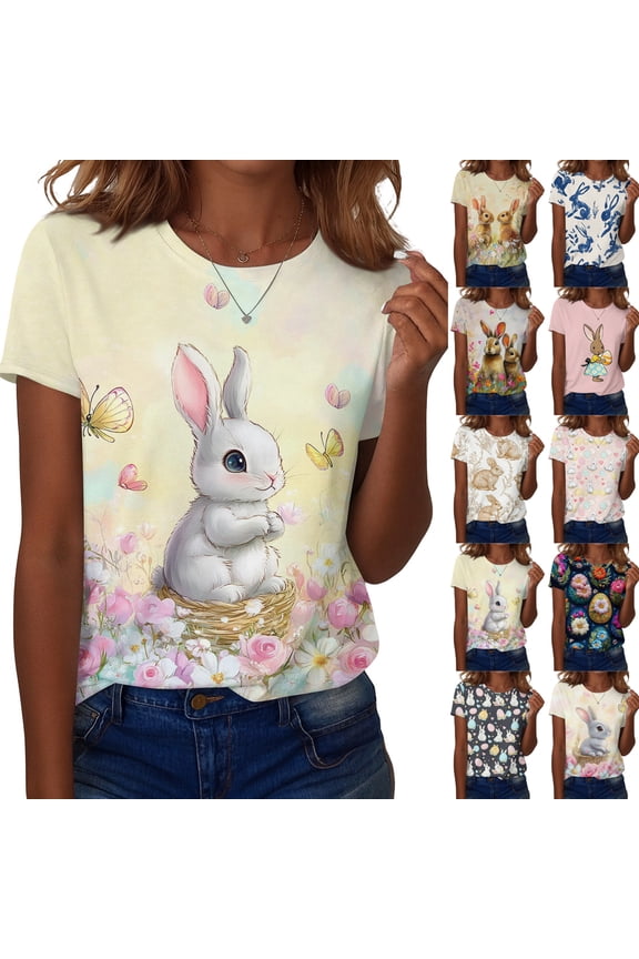 Easter T Shirt for Ladies Plus Size Short Sleeve Spring Shirts Eggs 2026 Bunny Clothing Funny Floral Crew Neck Tops Light pink M