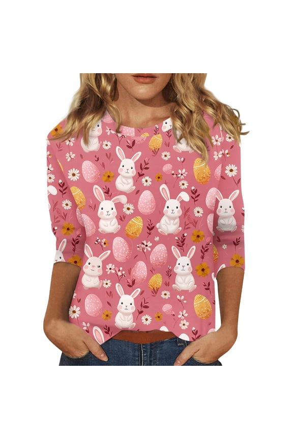 Easter T Shirt for Ladies Spring Crew Neck Bunny T Shirts Funny Trendy Plus Size Tee Eggs Graphic 3/4 Sleeve Blouses Hot Pink 2XL
