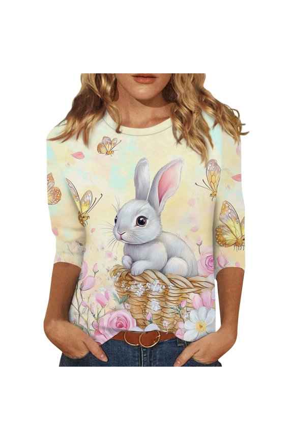 Easter T Shirt for Ladies Spring Crew Neck Bunny Tshirt Funny Floral Plus Size Tees Eggs 2026 3/4 Sleeve Top Purple Pink M