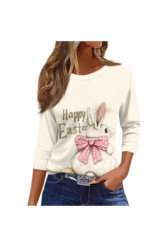 Easter T Shirt for Women Spring 3/4 Sleeve Funny Shirt Plus Size 2026 Bunny Tees Eggs Cute Crew Neck Clothing Beige XL