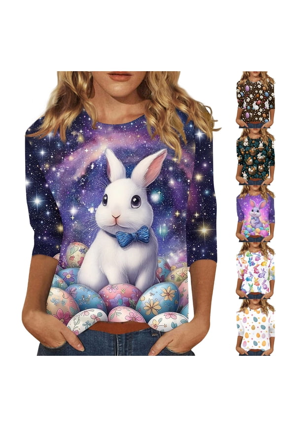 Easter T Shirts for Ladies Bunny 3/4 Sleeve Spring Tshirt Eggs Fashion Plus Size Top Funny Floral Crew Neck Tee Dark Purple M