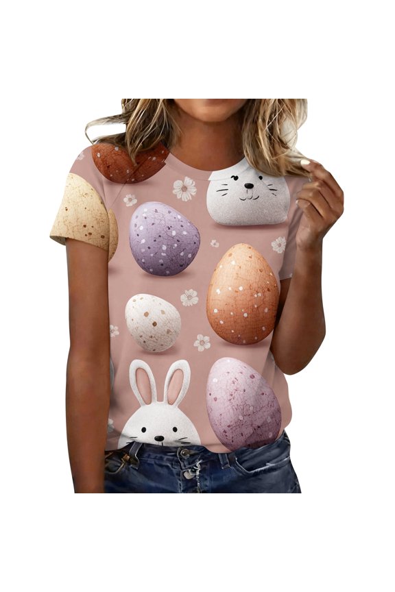 Easter T Shirts for Women Eggs Short Sleeve Bunny Shirts Funny Casual Plus Size Top Spring Graphic Crew Neck Tee Light pink L