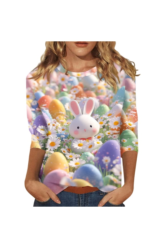 Easter Tshirt for Ladies Bunny Crew Neck Plus Size Shirts Eggs Cute Funny Clothing Spring Floral 3/4 Sleeve Tops Purple Pink M