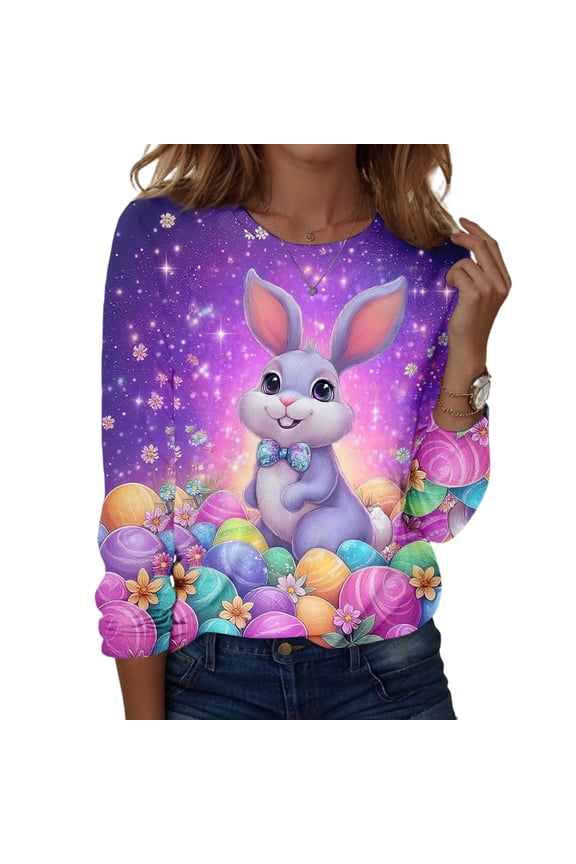Easter Tshirt for Ladies Bunny Long Sleeve Spring Shirts Funny Floral Eggs Tops Plus Size Cute Crew Neck Tees Purple L