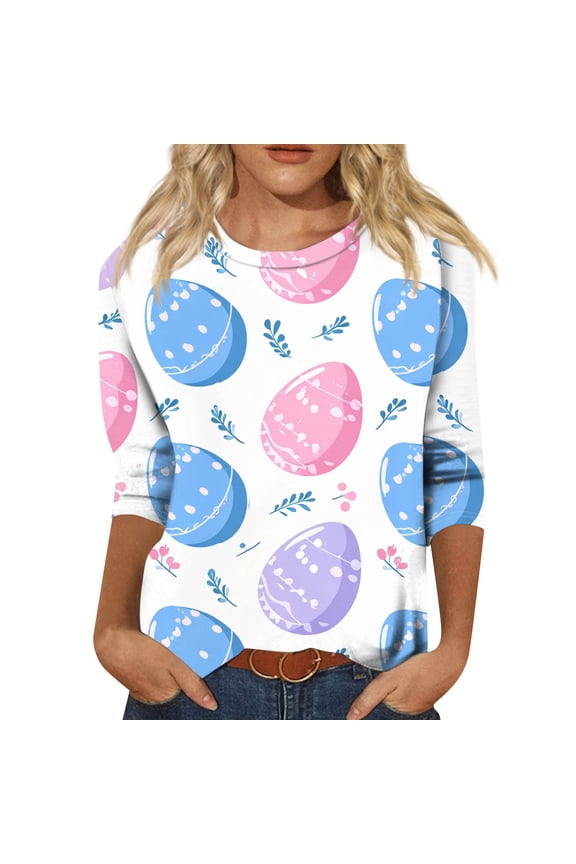 Easter Tshirt for Ladies Eggs 3/4 Sleeve Spring Shirt Bunny Cute Plus Size Tops Funny Trendy Crew Neck Tees White L