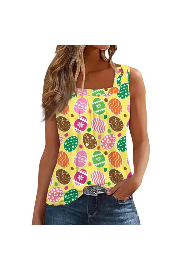 Easter Tshirt for Women Spring Sleeveless Bunny Shirt Funny 2026 Eggs Tee Plus Size Casual Square Neck Blouses Orange L