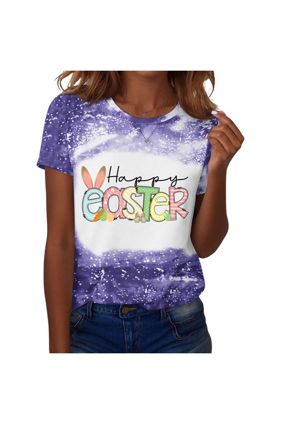 Easter Tshirts for Ladies Eggs Short Sleeve Funny Shirts Spring Fashion Bunny Tee Plus Size Trendy Crew Neck Tees Purple S