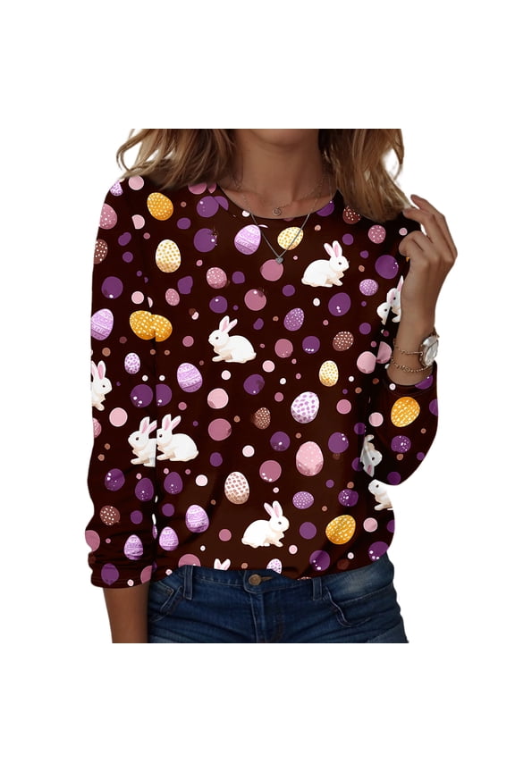 Easter Tshirts for Ladies Plus Size Crew Neck Funny Shirt Spring Fashion Bunny Tees Eggs Floral Long Sleeve Top Purple M