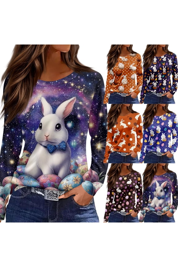 Easter Tshirts for Ladies Plus Size Long Sleeve Eggs Shirt Spring Trendy Bunny Tees Funny 2026 Crew Neck Blouses White M