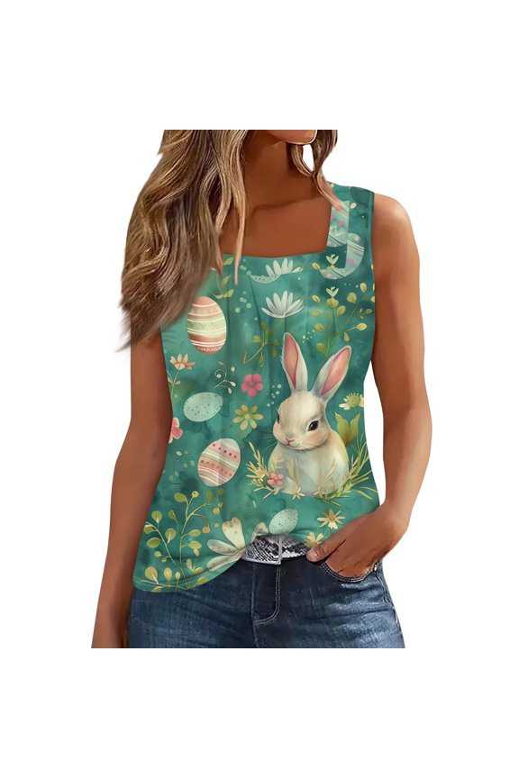 Easter Tshirts for Ladies Spring Sleeveless Plus Size Shirt Bunny Floral Funny Tees Eggs Cute Square Neck Tank Top Light Green S
