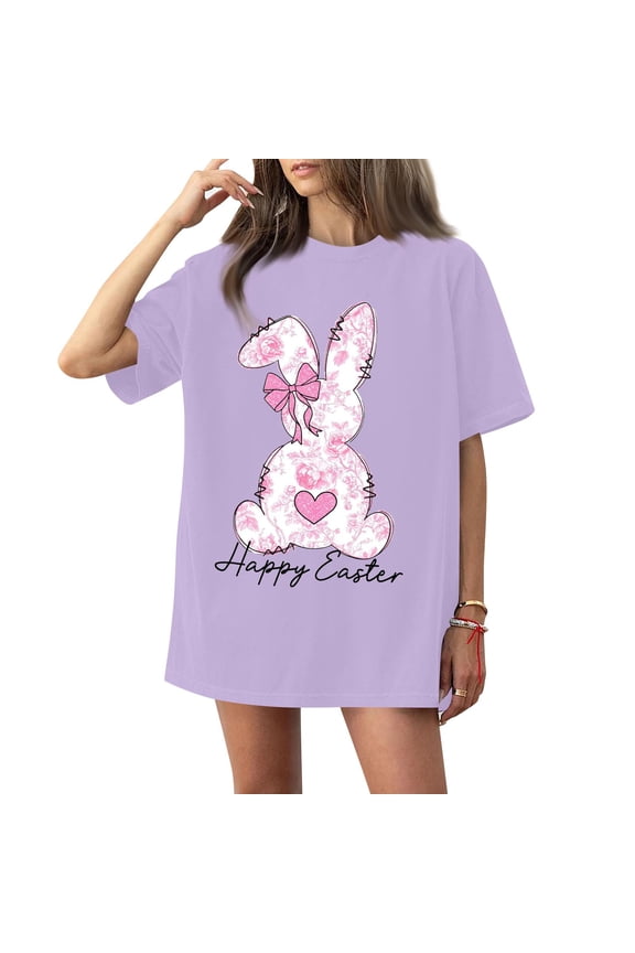 Easter Tshirts for Women Funny Short Sleeve Plus Size T Shirts Bunny Trendy Eggs Clothing Spring Cute Crew Neck Tops Purple 4XL