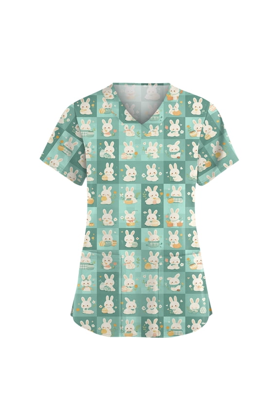 Easter Womens Scrub Tshirt Eggs V Neck Bunny Scrubs T Shirt Funny Trendy PocketsPlus Size Workwear Tops Spring 2026 Short Sleeve Medcial Shirts Top Green XL