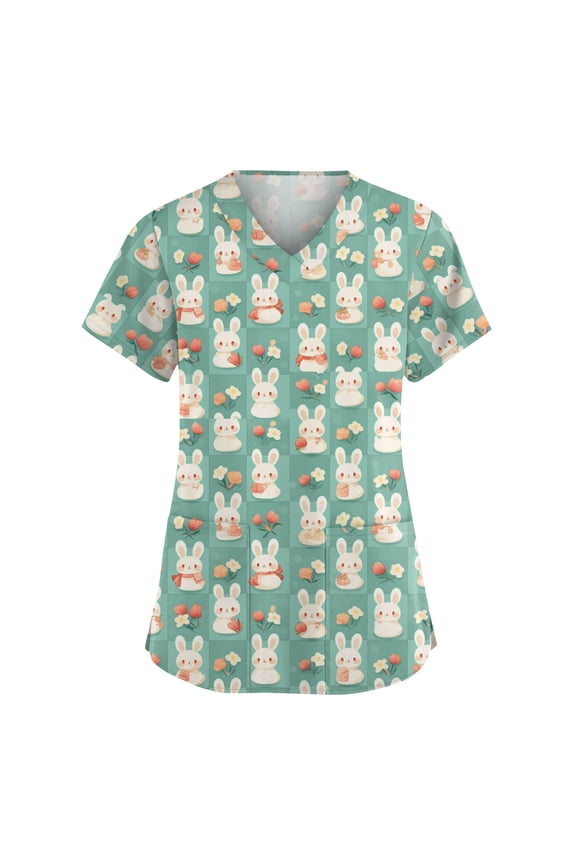 Easter Womens Scrubs T Shirt Eggs V Neck Bunny Scrub Tshirt Plus Size Trendy PocketsFunny Workwear Tops Spring Fashion Short Sleeve Nursing Uniform Green 2XL