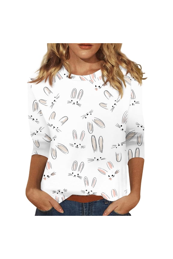Easter Womens Shirt Eggs 3/4 Sleeve Funny Shirts Bunny Graphic Spring Tee Plus Size Casual Crew Neck Clothing White 2XL
