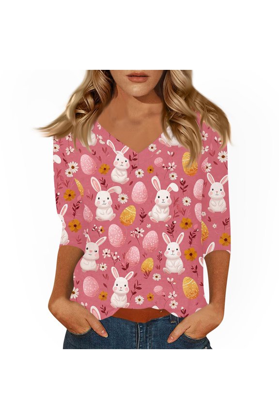 Easter Womens Shirt Eggs 3/4 Sleeve Spring T Shirt Plus Size Trendy Bunny Clothing Funny Cute V Neck Tee Watermelon Red M