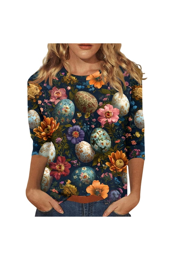 Easter Womens Shirt Eggs Crew Neck Funny T Shirts Spring Fashion Bunny Tops Plus Size Floral 3/4 Sleeve Clothing Navy 2XL