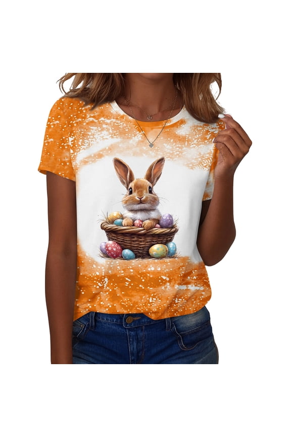 Easter Womens Shirt Funny Short Sleeve Eggs Shirts Plus Size Fashion Spring Top Bunny 2026 Crew Neck Tees Orange L