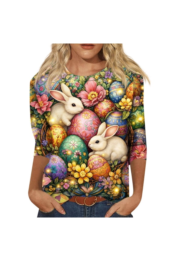 Easter Womens Shirt Plus Size Crew Neck Spring Shirts Funny Graphic Bunny Tees Eggs Cute 3/4 Sleeve Blouses Dark Green S
