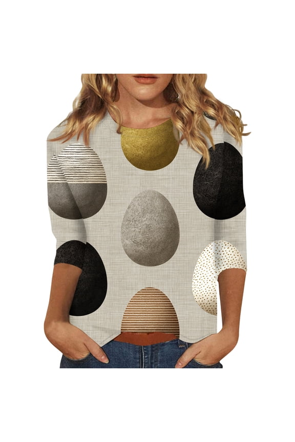 Easter Womens Shirt Spring Crew Neck Funny Shirts Plus Size Floral Bunny Tee Eggs Trendy 3/4 Sleeve Top Gray L