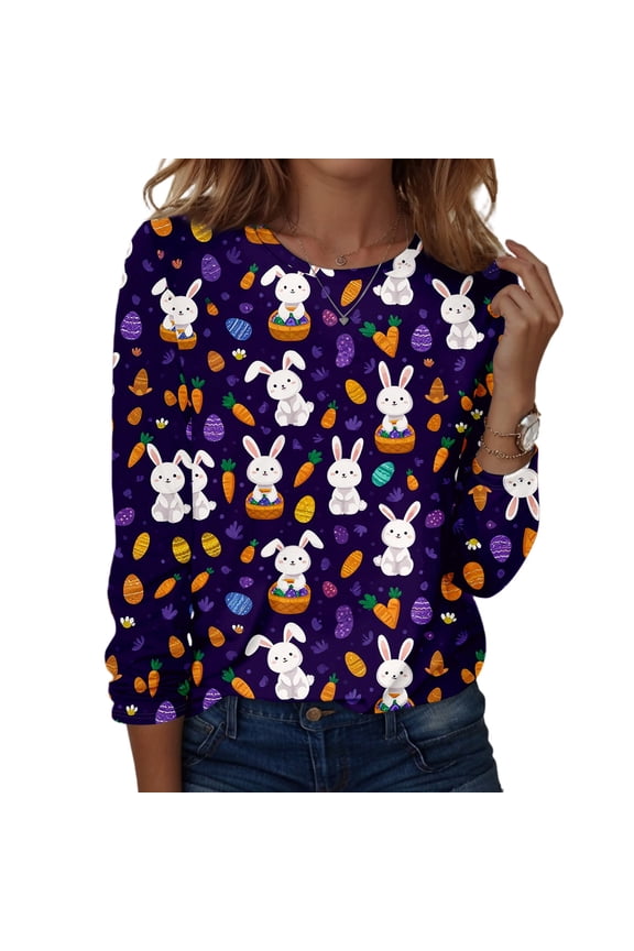 Easter Womens Shirt Spring Long Sleeve Bunny T Shirts Funny Casual Eggs Tee Plus Size Floral Crew Neck Tees Dark Purple M