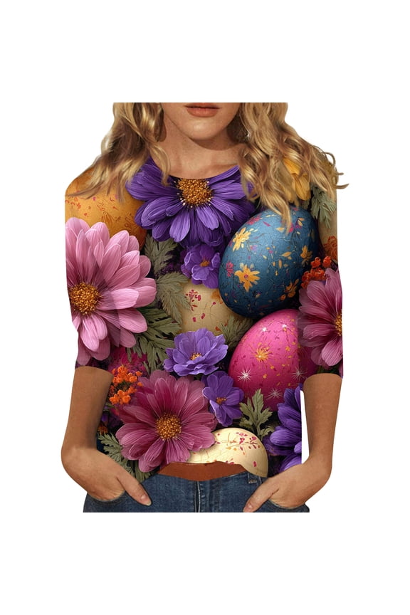 Easter Womens Shirts Eggs Crew Neck Spring T Shirts Bunny Cute Plus Size Clothing Funny Casual 3/4 Sleeve Tees Purple Pink L