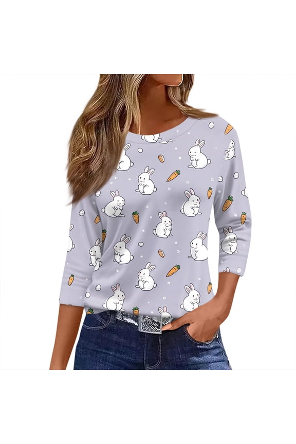 Easter Womens Shirts Funny Crew Neck Bunny Shirt Plus Size 2026 Spring Blouses Eggs Trendy 3/4 Sleeve Tee Gray S