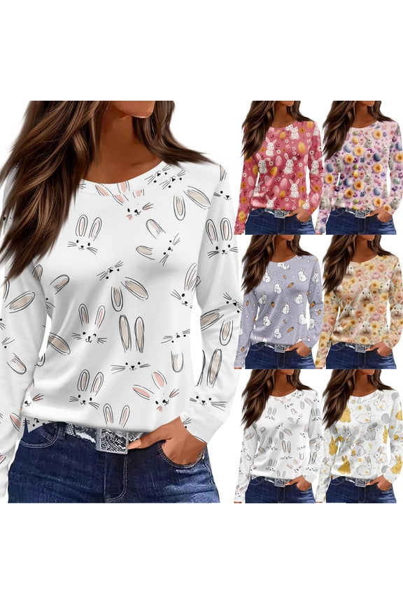 Easter Womens Shirts Spring Crew Neck Plus Size Tshirt Bunny Trendy Eggs Blouses Funny Fashion Long Sleeve Clothing White M