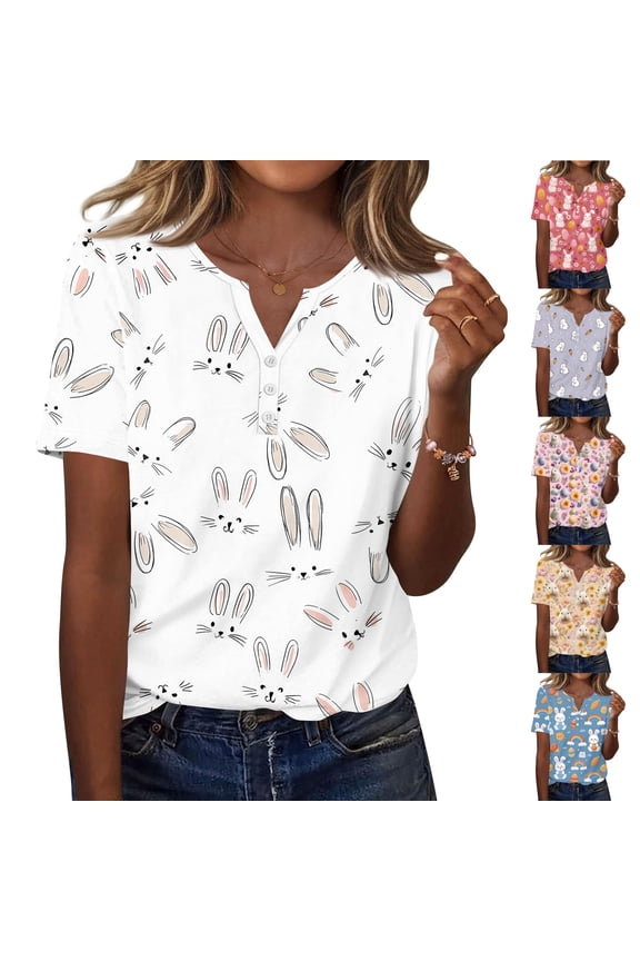 Easter Womens T Shirt Bunny Short Sleeve Funny Shirts Spring Floral Button Down Plus Size Tops Eggs Fashion Button Henley V Neck Clothing White M