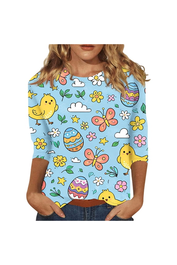 Easter Womens T Shirt Plus Size Crew Neck Spring Shirt Bunny Graphic Funny Tees Eggs Casual 3/4 Sleeve Blouses Blue M
