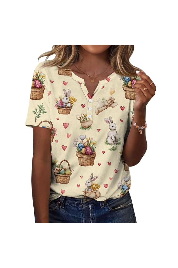 Easter Womens T Shirts Plus Size Button Henley V Neck Bunny T Shirt Funny 2026 Button Down Spring Clothing Eggs Trendy Short Sleeve Blouses Beige L