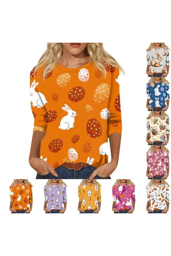 Easter Womens Tshirt Bunny 3/4 Sleeve Spring T Shirts Plus Size Casual Eggs Tops Funny Floral Crew Neck Clothing Saffron M