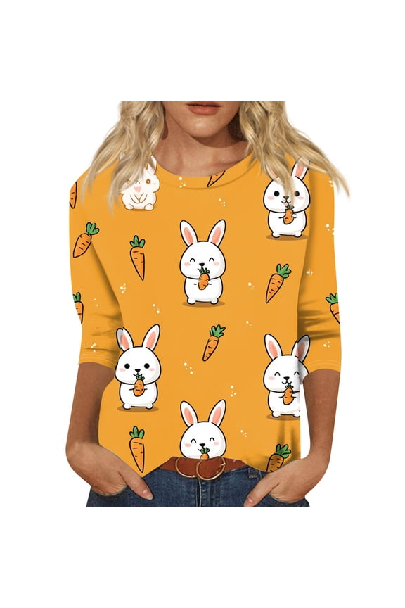 Easter Womens Tshirt Eggs Crew Neck Plus Size Tshirts Funny Casual Bunny Tee Spring Trendy 3/4 Sleeve Top Orange L