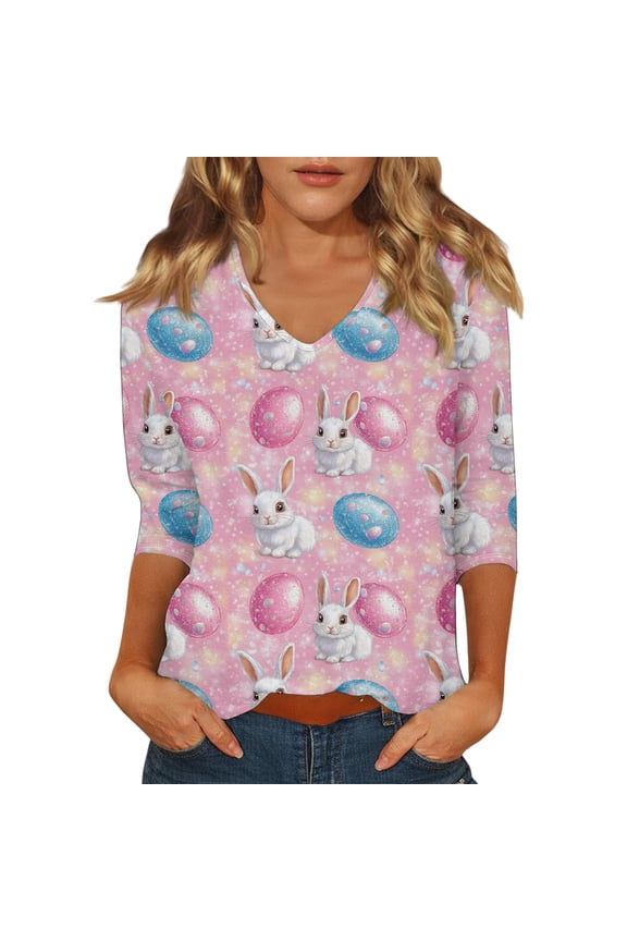 Easter Womens Tshirt Eggs V Neck Funny T Shirts Spring Trendy Plus Size Blouses Bunny 2026 3/4 Sleeve Tee Saffron L