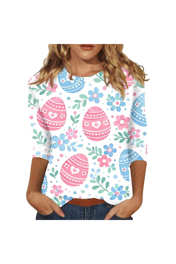 Easter Womens Tshirt Funny Crew Neck Eggs Tshirts Plus Size Graphic Bunny Blouses Spring Floral 3/4 Sleeve Top Light Blue M