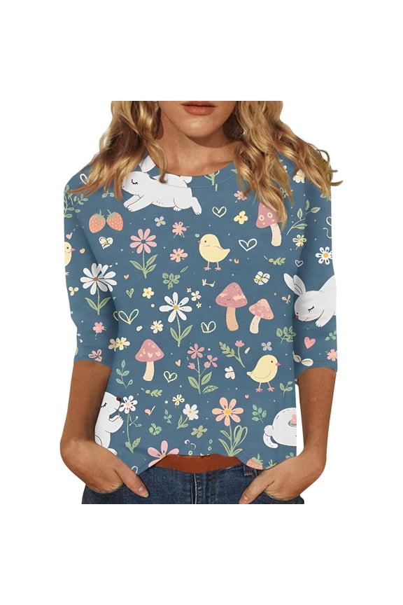 Easter Womens Tshirt Plus Size 3/4 Sleeve Eggs T Shirts Bunny Graphic Funny Top Spring Cute Crew Neck Tops Blue 2XL