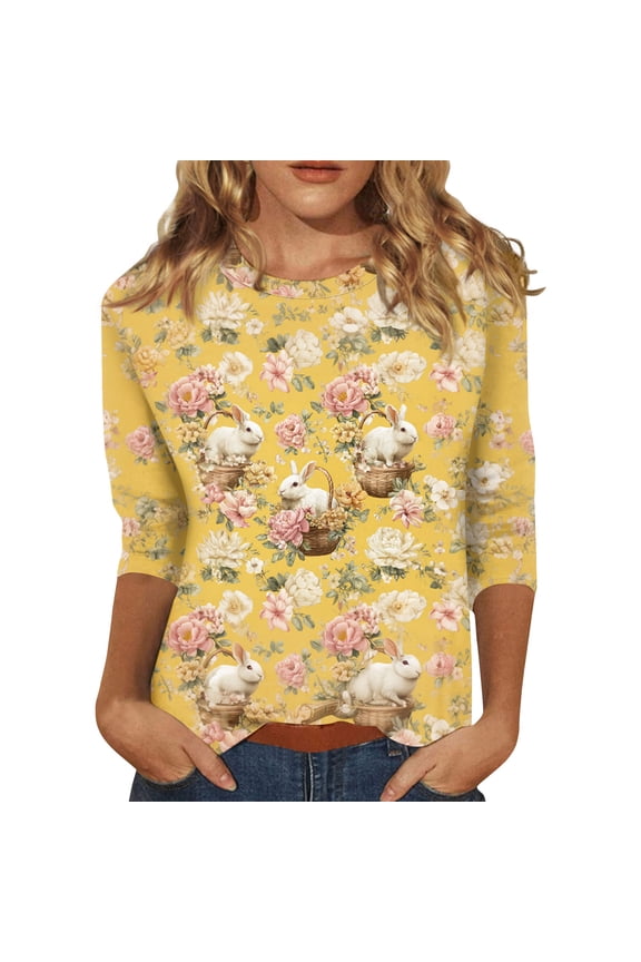 Easter Womens Tshirt Plus Size 3/4 Sleeve Funny Shirt Eggs Fashion Spring Top Bunny Graphic Crew Neck Clothing Yellow M