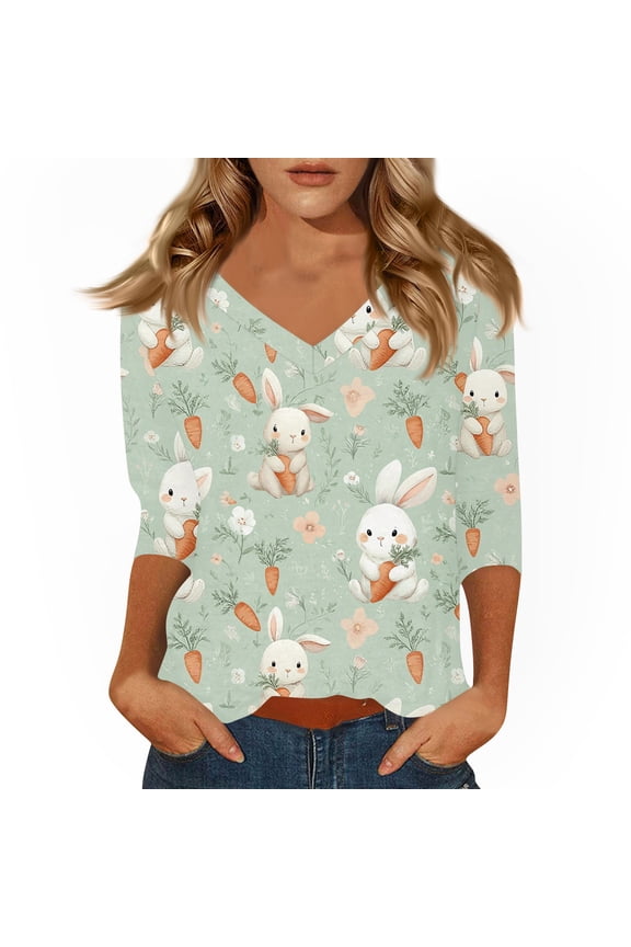 Easter Womens Tshirts Bunny 3/4 Sleeve Funny Tshirt Eggs Casual Spring Blouses Plus Size Graphic V Neck Clothing Mint Green M
