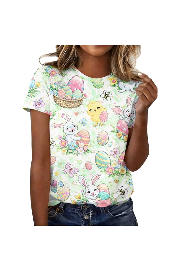 Easter Womens Tshirts Bunny Crew Neck Eggs T Shirts Spring Fashion Funny Tees Plus Size Floral Short Sleeve Tee Light Green XL