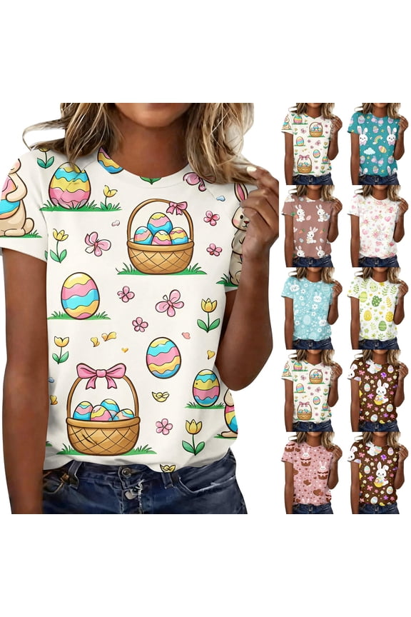 Easter Womens Tshirts Bunny Crew Neck Funny T Shirt Spring 2026 Eggs Tee Plus Size Floral Short Sleeve Tees Beige M