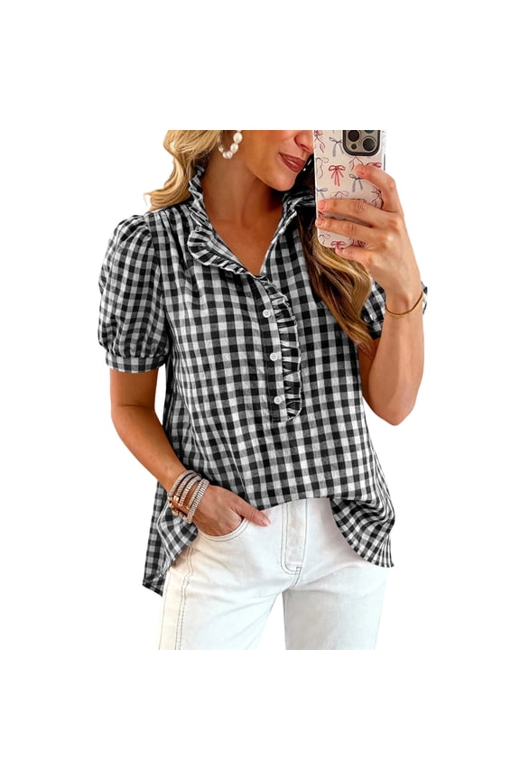 Gingham Tops for Women V Neck Button Down Trendy T Shirts 2026 Ruffle Business Puff Short Sleeve Fashion Shirts Flowy Casual Basic Tshirt Black L