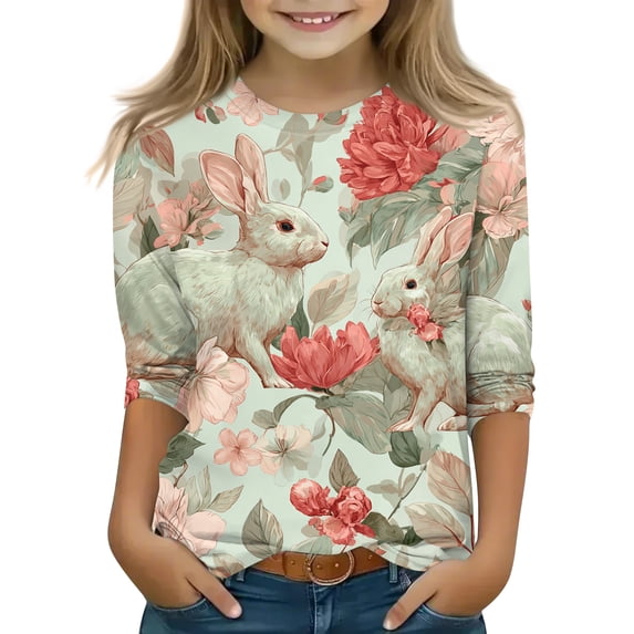 DORKASM Girls Casual Easter 3/4 Sleeve Top: Adorable Bunny Egg Print Round Neck Daily Casual Wear Dark Green 160
