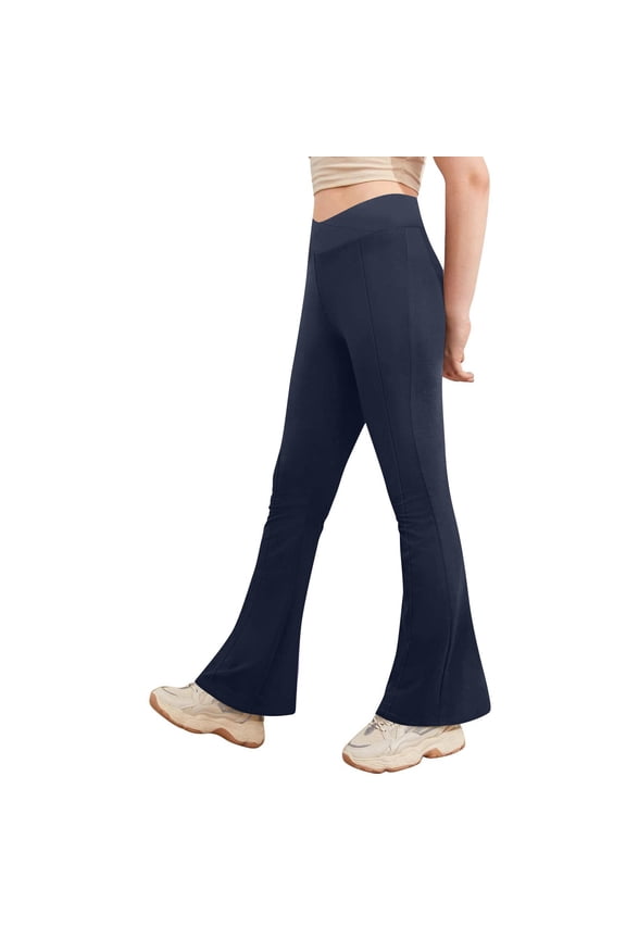 Girls' High Waist Cross Front Flared Pants: Casual Stretchable Daily Trousers Navy 130