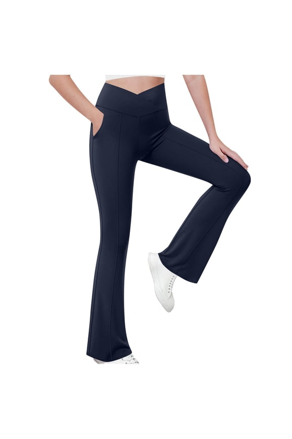 Girls' High Waist Cross Front Flared Pants with Pockets: Casual Stretch Daily Pants Navy 140