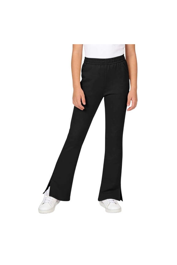 Girls' High Waist Slit Flared Pants with Pockets: Casual Stylish Daily Trousers Black 110