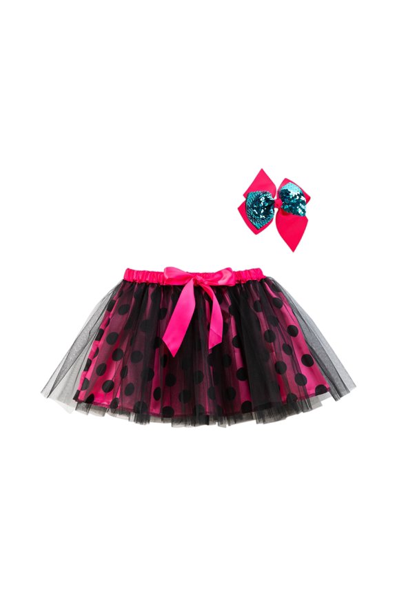 Girls Polka Dot Skirt Set: Red/Orange Tulle Skirt with Hair Hot Pink S