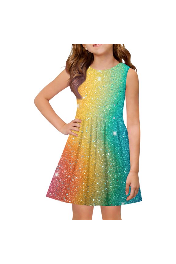 Girls Sleeveless Sequin Dress: Rainbow Gradient Party Dress Yellow 120