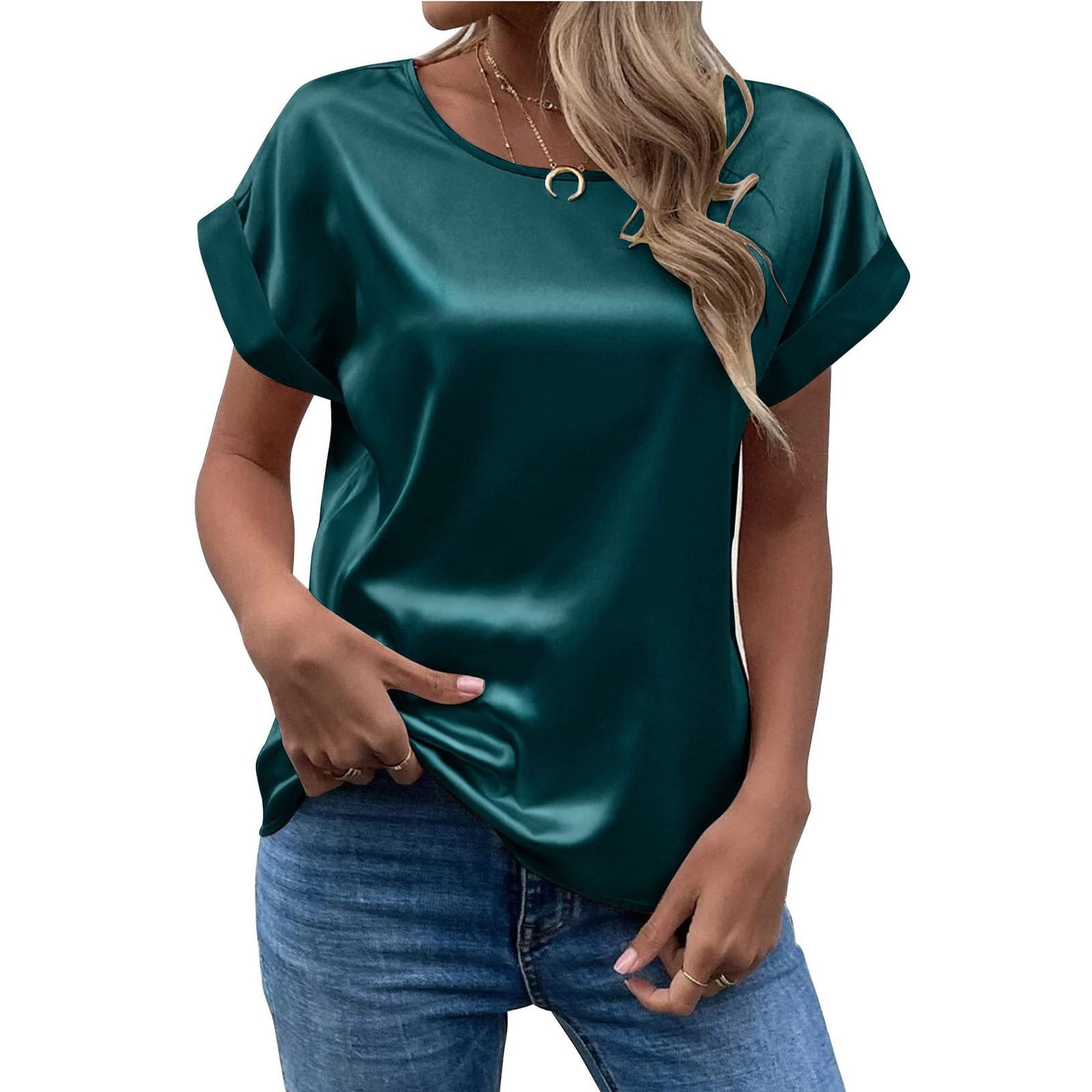 DORKASM Good Ladies Dressy Tops Short Sleeve Satin Silk Plus Size Shirts Work Tops U Neck Summer Clothes 2023 Loose Sexy Summer Tops Dark Green M Walmart