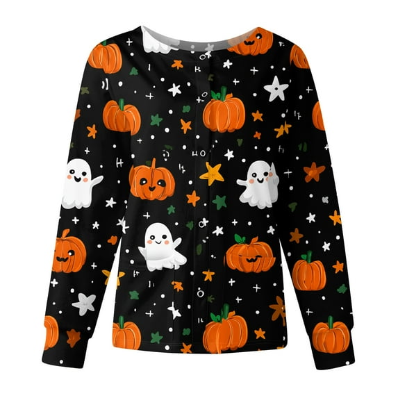 DORKASM Halloween Adults Medical Shirts Pumpkin Work Winter Long Sleeve Scrub Jackets Trendy Graphic Spooky Fun Scrubs Jacket Button Spider Net Crew Neck Nurse Clothes with Pockets Black S